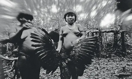  ??  ?? Quotidiani­tà Due donne indigene lavano l’uccello galliforme Hocco maggiore, le cui piume saranno usate per le frecce