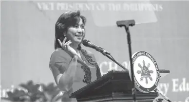  ??  ?? VP SPEECH – Vice President Leni Robredo delivers a speech to the students of St. Paul University in Quezon City, during the school’s Business and Technology week. (Federico Cruz)