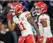  ?? ALEX BRANDON —THE ASSOCIATED PRESS ?? Chiefs wide receiver Marquez Valdes-scantling (11) celebrates his catch against the Ravens during the second half of the AFC Championsh­ip game on Sunday in Baltimore.