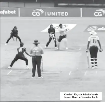  ?? ?? Castled! Kaycia Schultz bowls Jaunel Deers of Jamaica for 0.