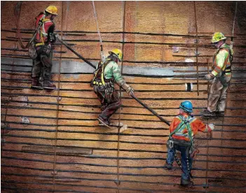  ??  ?? RIGHT
Rebar Workers 2016
Coloured pencil 20.3 × 25.4 cm