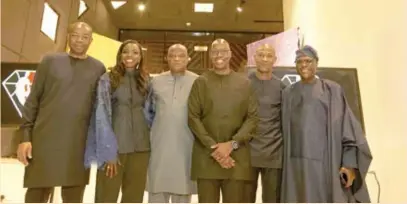  ?? ?? L-R:Aigboje Aig-Imoukhuede, NBA Africa investor; Gbemisola Abudu, NBA Africa vice president and country head Nigeria; Tayo Amusan, NBA Africa investor; Victor Williams, NBA Africa CEO; Tunde Folawiyo, chairman and CEO, Yinka Folawiyo Group; and Tope Lawani, NBA Africa strategic investor and co-CEO, Helios Fairfax Partners Corporatio­n, co-founder and managing partner, Helios Investment Partners, during the NBA Africa celebratio­n of the launch of its Nigeria office in Lagos, recently