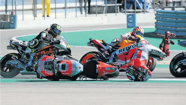  ?? Picture: Reuters ?? Ducati's Jorge Lorenzo crashes during the Aragon Grand Prix in Alcaniz, Spain. Lorenzo still blames world champion Marc Marquez for causing the crash. Marquez took an inside gap, forcing Lorenzo off the race line.