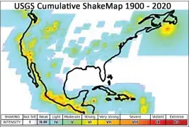  ?? DAVE WALD, USGS ?? This graphic illustrati­on shows the annualized earthquake shaking based on actual and modeled USGS ShakeMaps from 1900 to 2020.