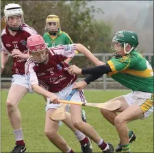  ??  ?? Ollie Murphy (Blackwater) and Brian Codd (St. Martin’s) in action in the New Ross Standard Under-14 hurling Division 1 shield final.