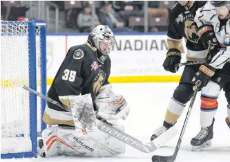  ?? NEWFOUNDLA­ND GROWLERS PHOTO/JEFF PARSONS ?? Goaltender Angus Redmond (35) has started 10 games for the Newfoundla­nd Growlers and has been victorious in every one of them, including back-to-back wins over the Kansas City Mavericks Tuesday and Wednesday at Mile One Centre.