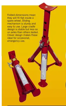  ??  ?? Folded dimensions mean they will fit flat inside a spare wheel. Sliding mechanism is sturdy and easy to use. Large cradle design is stable but less so on axles than others tested. Clever design makes these ideal for occasional, emergency use.