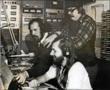  ?? PHOTO PROVIDED ?? Kaleidosco­pe host Jim Barrett, right, records an early show with Marty Dion, left, and Fred Bernard in the WRPI- FM studios in Troy during the 1970s.