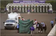  ?? MARK J. TERRILL - THE ASSOCIATED PRESS ?? This Nov. 2, 2019, file photo shows track workers treating Mongolian Groom after the Breeders’ Cup Classic horse race at Santa Anita Park, in Arcadia, Calif. Breeders’ Cup Classic.