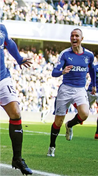  ??  ?? Harry’s a quick hit: Forrester celebrates his opener after just 13 seconds before Halliday (far left) made the win secure by adding goal No 3