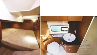  ??  ?? A B O V E L E F T The mid-cabin has a large double berth with a changing area next to the door A B O V E R I G H T Lots of natural light and generous headroom in the heads and shower cubicle