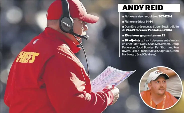  ?? PHOTOS D’ARCHIVES, AFP ?? Andy Reid et son fils Britt (en médaillon) espèrent avoir une bonne occasion de célébrer ensemble, ce soir, au terme du Super Bowl face aux 49ers.