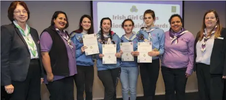  ??  ?? Pictured at the Irish Girl Guides’ National Guide Awards in Croke Park are (from left) IGG President Maureen Murphy, Cú Chulainn Guide Leader Jessica Woods, Laura Galvin, Anna-Kate Collins, Sophie Kirwan, Linnea Hughes, Cú Chulainn Guide Leader Janet...