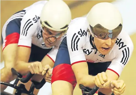  ?? Getty Images. ?? Mark Stewart leads GB to victory in the men’s team pursuit at the Sir Chris Hoy Velodrome last year.