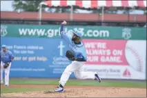  ?? PHOTO BY BERT HINDMAN ?? Daryl Thompson, 2003 La Plata High School graduate, threw eight innings of shutout ball in the Blue Crabs’ 2-0 win over Lancaster on Wednesday night. Thompson allowed just six hits and struck out six.