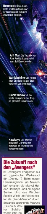  ??  ?? Thanos
Der Über-Bösewicht wollte auf seine Art für Frieden und Ruhe im Universum sorgen. Ant Man
Die Technik von Paul Rudds Anzugs wird zum Schlüssel werden. War Machine
Col. Rodes (Don Cheadle) ist der Stellvertr­eter von Iron Man. Black Widow
ist die beste Kämpferin der Truppe (Scarlett Johansson). Hawkeye
Der Waffenspez­ialist (Jeremy Renner) war im letzten Film verschwund­en.