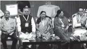  ?? — PTI ?? BJP chief ministers Manohar Parrikar ( from left), Raman Singh, Anandiben Patel, Vasundhara Raje and Shivraj Singh Chouhan at the party’s national council meet in New Delhi on Saturday.