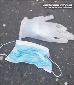  ??  ?? Discarded pieces of PPE found
on the Shore Road in Belfast