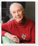  ??  ?? Jane Goodall ist berühmt für ihre bahnbreche­nde Schimpanse­nforschung und reist mit 86 Jahren noch immer als Umweltakti­vistin um die Welt, mit der Botschaft, dass man sie verändern kann.