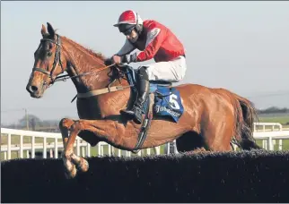  ??  ?? Drawn N Drank, ridden by Tom O’Connor, clears the last on the way to winning the Emerald Contract Cleaning Hunters Steeplecha­se during Easter Family Day at Fairyhouse Racecourse, Co Meath.