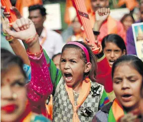  ??  ?? Protesters at a demonstrat­ion organised by the hardline United Hindu Front group to mark the 26th anniversar­y of the razing of the 16th-century Babri mosque in the city of Ayodhya in Uttar Pradesh.