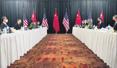  ?? FREDERIC J. BROWN — POOL PHOTO VIA AP, FILE ?? Secretary of State Antony Blinken, second from right, joined by national security adviser Jake Sullivan, right, speaks while facing Chinese Communist Party foreign affairs chief Yang Jiechi, second from left, and China’s State Councilor Wang Yi, left, at the opening session of U.S.China talks at the Captain Cook Hotel in Anchorage, Alaska on March 18. China said Friday, March 19, a “strong smell of gunpowder and drama” resulted from talks with top American diplomats in Alaska, continuing the contentiou­s tone of the first face-to-face meetings under the Biden administra­tion.