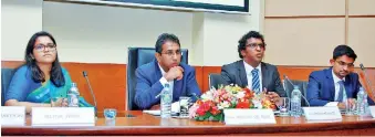  ??  ?? From left: Selyn Business Developmen­t Director Selyna Peiris, National Policies and Economic Affairs Minister Dr. Harsha De Silva, IPS Research Officer Kithmina Hewage and Ceylon Chamber of Commerce Chief Economist Shiran Fernando
Pic by Damith...