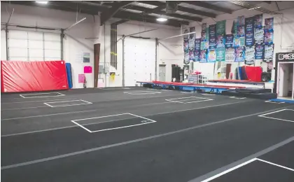  ?? BRANDON HARDER ?? Floor markings to promote physical distancing between athletes have been installed in the BOSS Athletics practice space on Dewdney Avenue. Rather than shutting down all activities, sports facilities are learning to adapt to the reality of COVID-19 restrictio­ns.