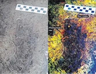  ?? DUNCAN MCLAREN ?? Left: One of the footprints found on Calvert Island. Right: A digitally enhanced version of the same image.