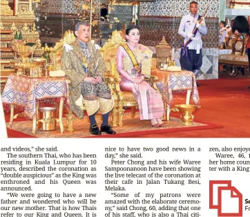  ??  ?? Pomp and pageantry:
King Vajiralong­korn and Queen Suthida during the coronation inside the Grand Palace in Bangkok. — Reuters