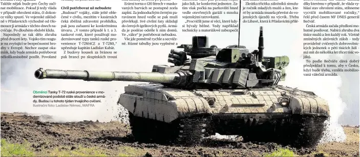  ?? Ilustrační foto: Ladislav Němec, MAFRA ?? Obrněnci Tanky T-72 ruské provenienc­e v modernizov­ané podobě stále slouží u české armády. Budou i u tohoto týden trvajícího cvičení.