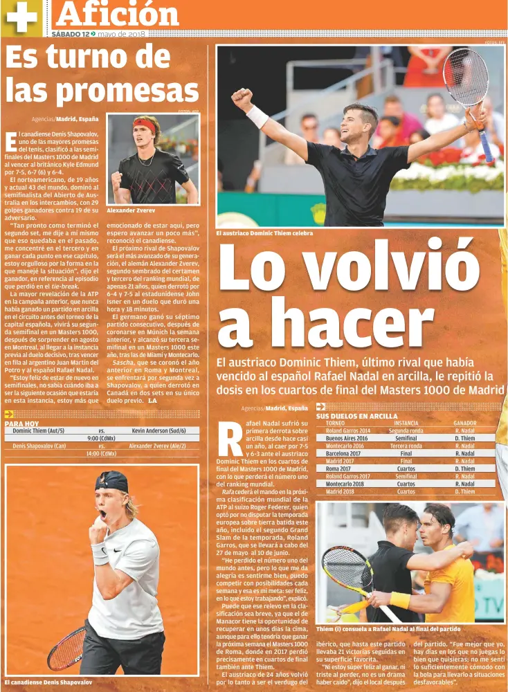  ??  ?? Madrid, España El canadiense Denis Shapovalov Alexander Zverev El austriaco Dominic Thiem celebra Madrid, España Thiem (i) consuela a Rafael Nadal al final del partido