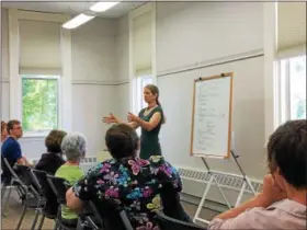  ?? CHAD FELTON — THE NEWS-HERALD ?? Susan Marie Frontczak at Burton Public Library on June 9 during the Ohio Chautauqua 2017 program “Grappling with the Monster.” During the five-day cultural and educationa­l event, which will make stops in Clifton, Warren and Milan, Frontczak portrayed...