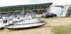  ??  ?? Canoes donated by the member representi­ng Southern Ijaw Federal Constituen­cy in the House of Representa­tives, Preye Influence Oseke, to his constituen­ts