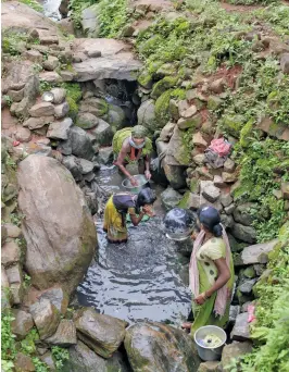  ??  ?? (Left) A stream in Mudlipada village: Most households do not have the facility of piped drinking water or handpumps. So Bonda women have to sometimes walk for many kilometres to fetch water (Below) A man climbing a jackfruit tree. Most habitation­s have...