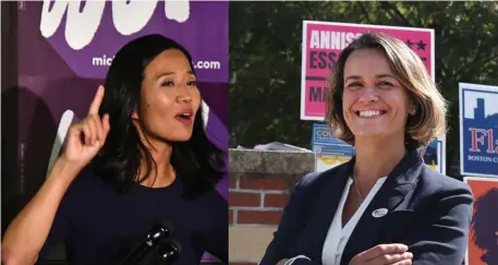  ?? CHRisT cHRisTo / HeRALd sTAff fiLe; RigHT, nAncy LAne / HeRALd sTAff fiLe ?? ON THE STUMP: Michelle Wu, left, and Annissa Essaibi-George, right, the two finalists for mayor, both addressed issues facing the city’s Black community at separate rallies on Saturday. Black voters largely turned to Acting Mayor Kim Janey and City Councilor Andrea Campbell in the mayoral primary last week.