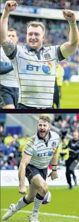  ??  ?? FINISH ON A HIGH Hogg, top, was delighted Scotland ended the Cotter era with a victory, helped by tries from Seymour, above, and Scott, below right celebratin­g with Watson