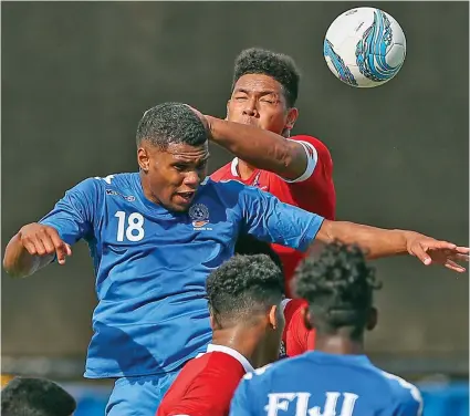  ?? Photo: OFC Media ?? Vodafone Fijian Under-23 defender Scott Wara (18) heads the ball against Tonga during the OFC Olympic Qualifiers Group B clash at Churchill Park, Lautoka on September 23, 2019.