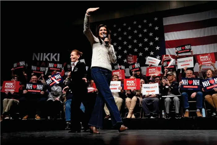  ?? BILD: MATT ROURKE ?? Nikki Haley under ett tal i New Hampshire under söndagen.