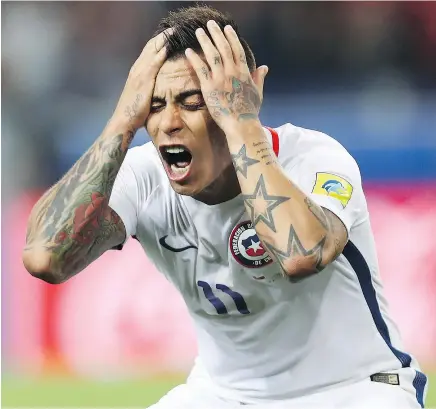  ?? — GETTY IMAGES ?? Eduardo Vargas of Chile reacts after having his goal disallowed by video review during a FIFA Confederat­ions Cup Group B match against Cameroon Sunday in Russia.
