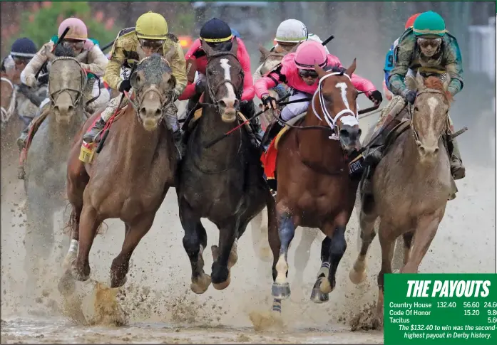  ?? — PHOTOS: GETTY IMAGES ?? It’s too close for comfort in the final turn as Luis Saez (in pink), riding Maximum Security, jostles for position between Code Of Honor (right) and War Of Will with Country House on the outside. Right, Saez and trainer Jason Servis nervously await the stewards’ decision, which didn’t go their way and cost them the win.