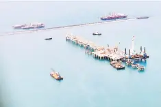  ??  ?? A picture taken from a plane shows a general view of an offshore oil platform in Bahrain on April 4. Bahrain announced its newly discovered shale oil reserve was estimated to contain more than 80 billion barrels, making the once-marginal oil producer...