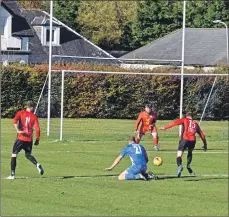  ??  ?? Fraser Gilbert bears down on the Killie goal.