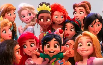  ?? DISNEY VIA AP ?? This image released by disney shows the character Vanellope von Schweetz, voiced by Sarah Silverman, foreground center, posing for s selfie with disney princesses in a scene from “Ralph Breaks the Internet.”