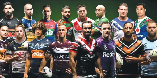  ?? NRL ?? The 2020 NRL captains. Back from left: James Tamou (Penrith Panthers), Clint Gutherson (Parramatta Eels), Mitchell Pearce (Newcastle Knights), Adam Reynolds (South Sydney Rabbitohs), Cameron McInnes (St George Illawarra Dragons), Josh Hodgson (Canberra Raiders), Josh Jackson (Canterbury-Bankstown Bulldogs), Roger Tuivasa-Sheck (New Zealand Warriors) Front from left: Alex Glenn (Brisbane Broncos), Michael Morgan (North Queensland Cowboys), Kevin Proctor (Gold Coast Titans), Daly Cherry-Evans (Manly Warringah Sea Eagles), Boyd Cordner (Sydney Roosters), Cameron Smith (Melbourne Storm), Benji Marshall (Wests Tigers), Wade Graham (Cronulla-Sutherland Sharks).Photo: