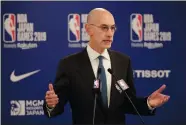  ?? JAE C. HONG/AP PHOTO ?? In this Oct. 8, 2019, file photo, NBA Commission­er Adam Silver speaks prior to a preseason game between the Houston Rockets and the Toronto Raptors. Silver announced Friday that the NBA is set to restart on July 30 at the ESPN Wide World of Sports complex.