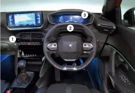  ??  ?? 1 1 Eclectic mix of materials creates more of a wow factor than you get in Q2 2 3 2 Small steering wheel can block the view of the high-set instrument panel for some drivers 3 Instrument­s’ 3D effect is meant to help you pick out important info, but it isn’t all that useful