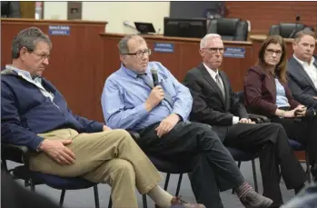  ??  ?? Assistant Secretary of Salton Sea Policy Bruce Wilcox led the panel of speakers in answering the audience’s questions regarding the current state of the Salton Sea Management Program. EDWIN DELGADO PHOTO