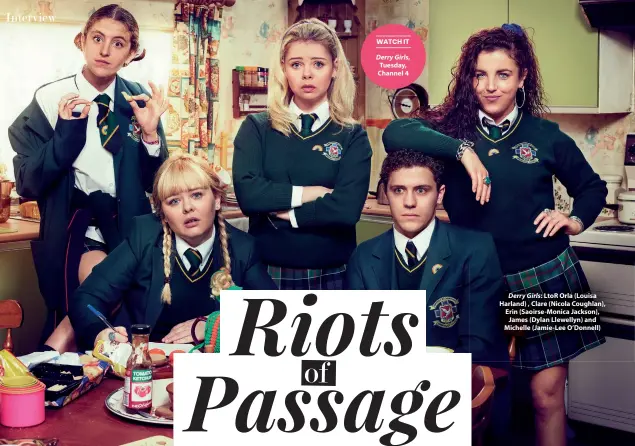  ??  ?? Derry Girls, Tuesday, Channel 4 Derry Girls: LtoR Orla (Louisa Harland) , Clare (Nicola Coughlan), Erin (Saoirse-Monica Jackson), James (Dylan Llewellyn) and Michelle (Jamie-Lee O’Donnell)