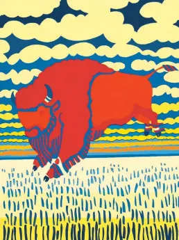  ??  ?? Kate Krasin: Flying Red Buffalo , 1977, silkscreen